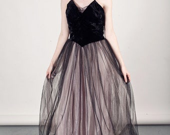 50s Black Prom Dress Tulle Vintage Gothic Velvet Party Gown Dress