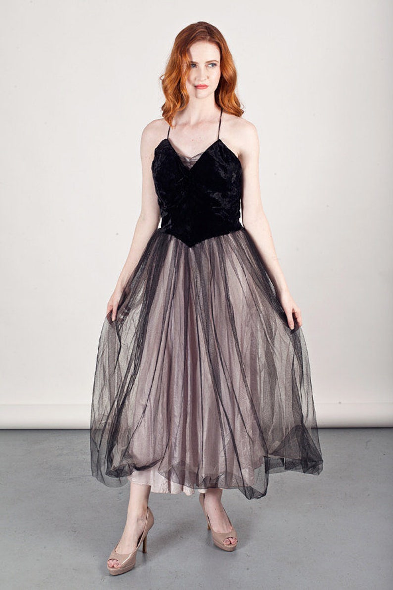 50s Black Prom Dress Tulle Vintage Gothic Velvet Party Gown Dress image 2