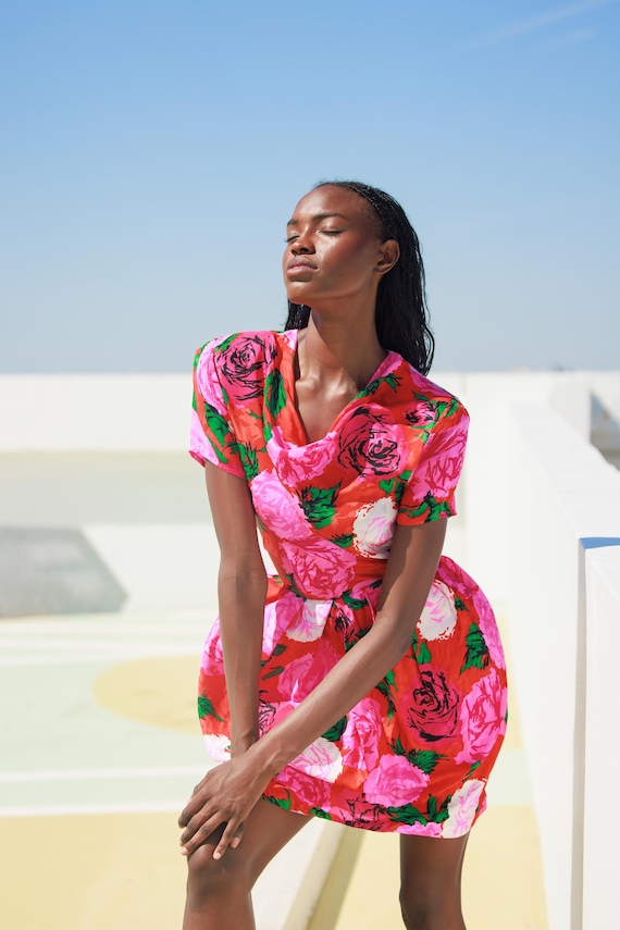 80s Bright Pink Red Rose Floral Garden Dress Vintage Flora Kung