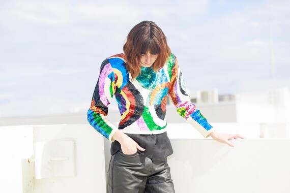 80s Bright Geometric Pattern Fully Sequin Long Sl… - image 4