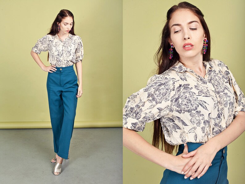 80s Beige Floral Romantic Blouse Vintage Crepe Edwardian Style Top