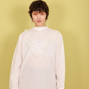 60s White Victorian Collar Lace Blouse Vintage Long Sleeve Romantic Puritan Top image 10