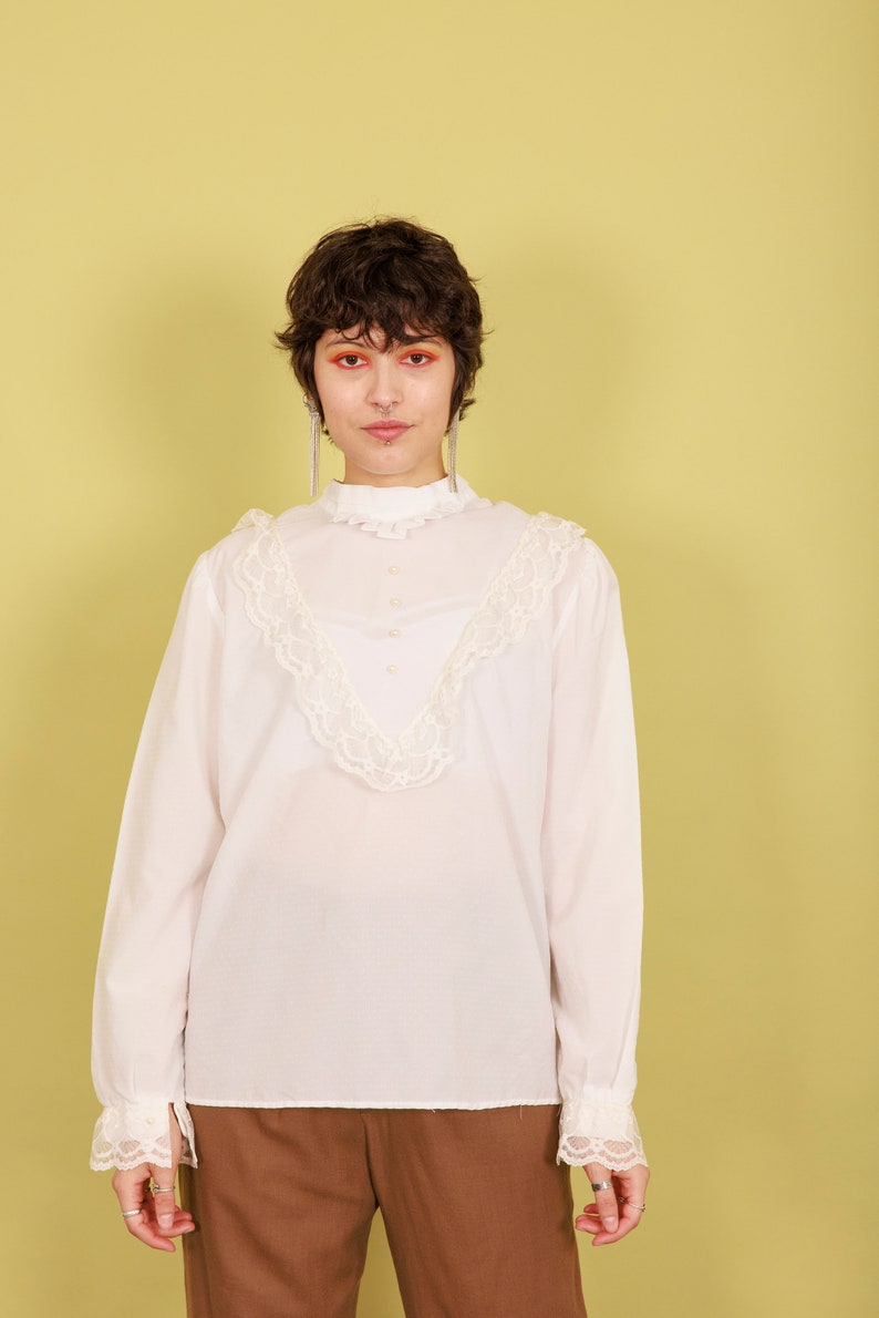 60s White Victorian Collar Lace Blouse Vintage Long Sleeve Romantic Puritan Top image 10
