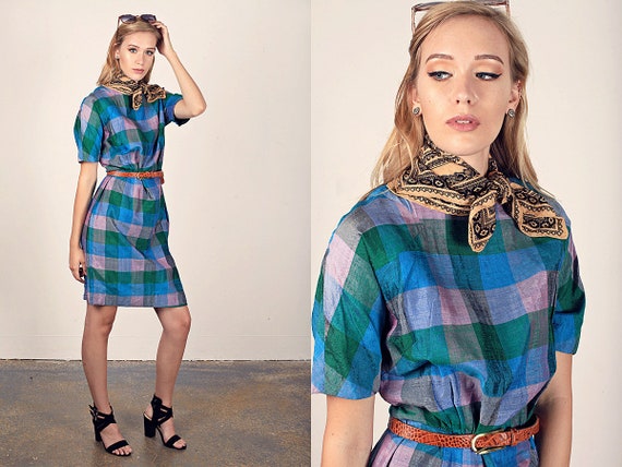 50s Plaid Dress Vintage Green Blue Wiggle Dress - image 1