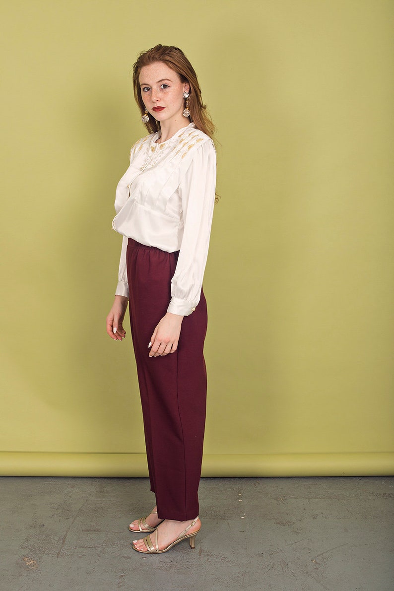 80s Wine Red Elastic Trousers Vintage High Rise Straight Leg Pants image 2