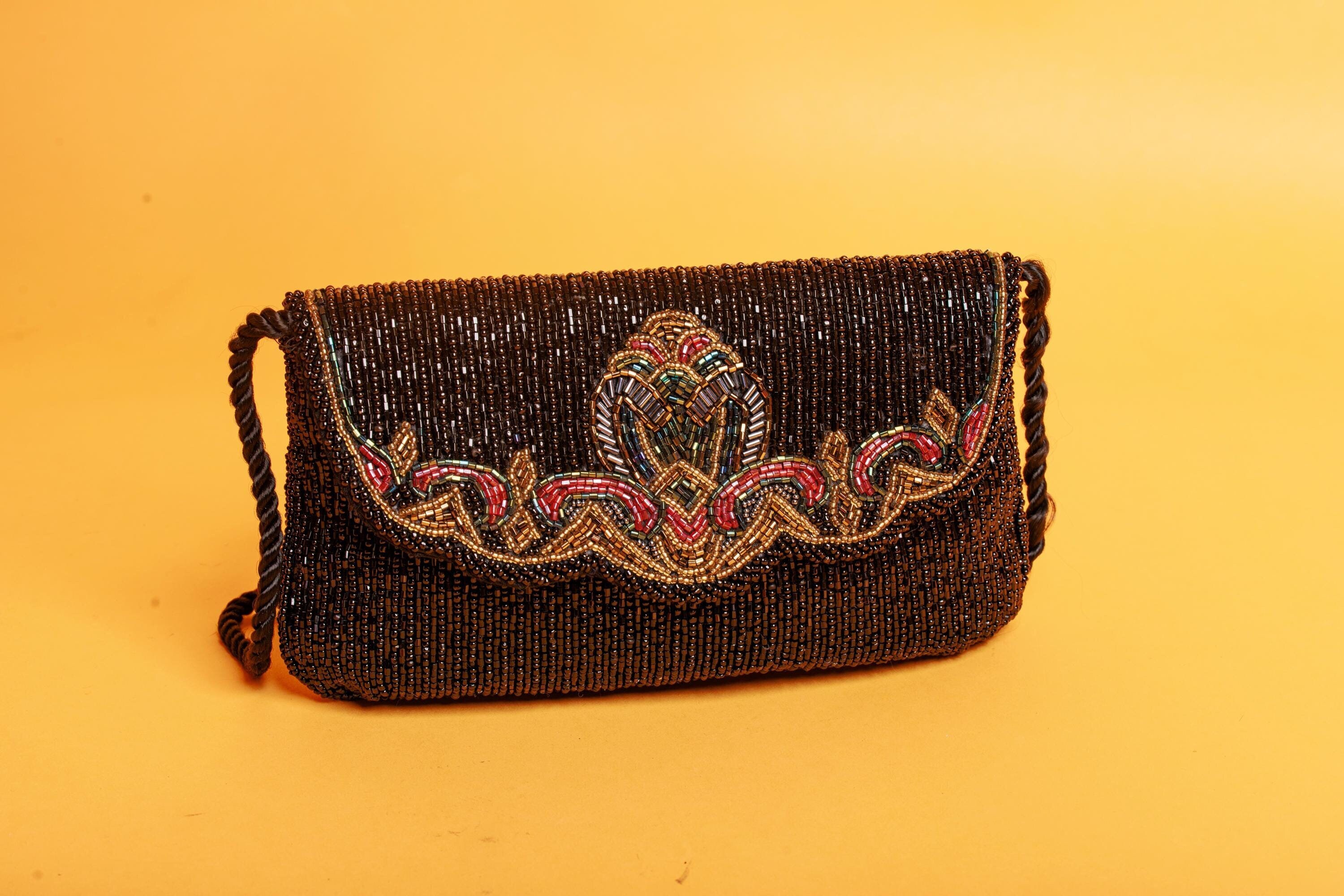 80s Black Brocade Colorful Bead Purse Vintage Crossbody Beaded