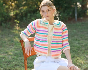 50s Rainbow Pastel Striped Cardigan Vintage Crochet Hand Knit Sweater