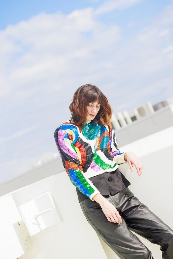 80s Bright Geometric Pattern Fully Sequin Long Sl… - image 1