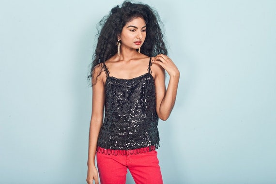 black sequin strappy top