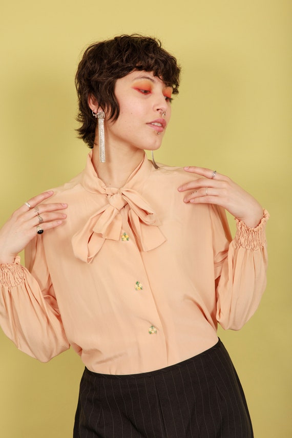 70s Peach Silk Smocked Blouse Vintage Flower Embr… - image 2