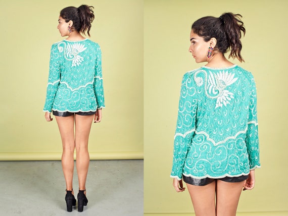 80s Mint Green Sequin Blouse Vintage Pearl White … - image 5