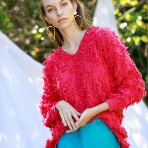 80s Hot Pink Fuzzy Long Sleeve Sweater Vintage Oversize Cotton Top image 5