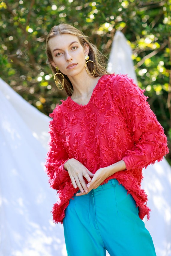 80s Hot Pink Fuzzy Long Sleeve Sweater Vintage Ov… - image 5
