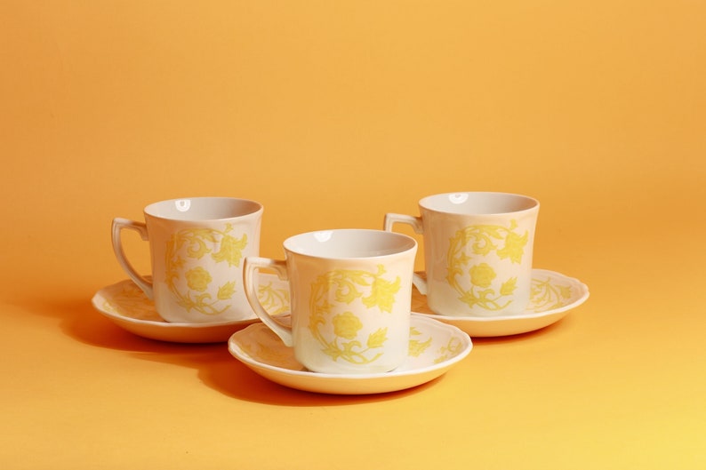 Set of 3 80s Vintage White Yellow Floral Pattern Ceramic Teacups with Plates image 1