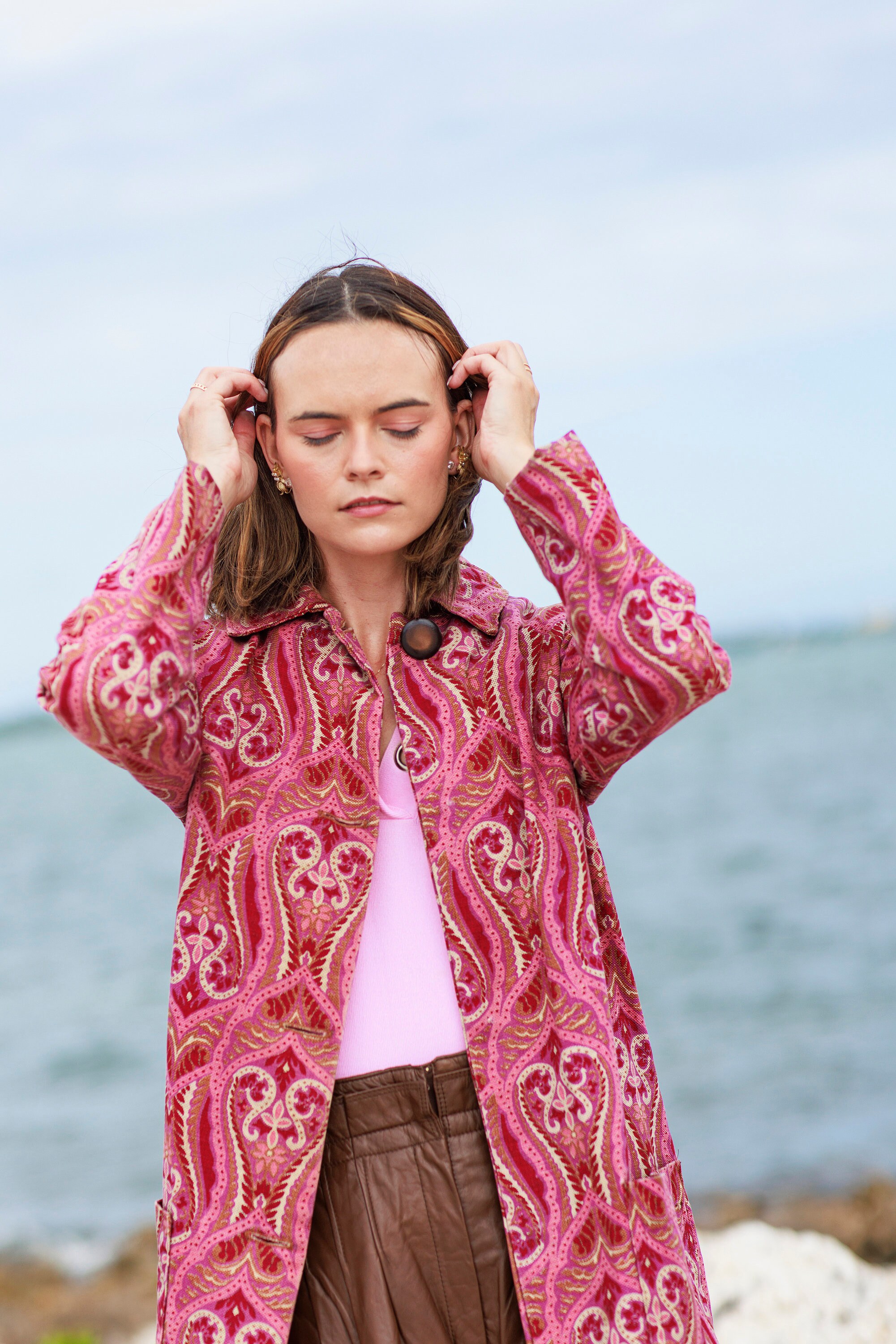 50s Pink Paisley Print Tapestry Coat Vintage Long Sleeve Colorful