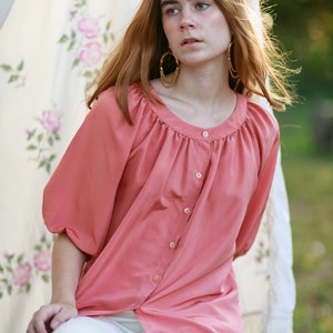 70s Rose Pink Shiny Tunic Blouse Vintage Oversize Boho Mid Sleeve Top image 2