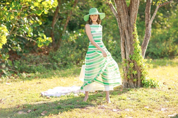 70s Striped Pleated Dress Vintage Green Flowy Str… - image 1