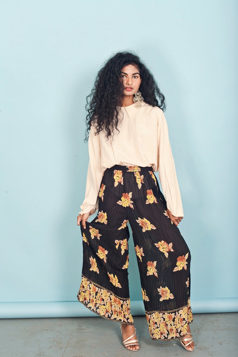 80s Black Floral Sheer Pants Vintage High Waisted Pleat Wide Leg Pants