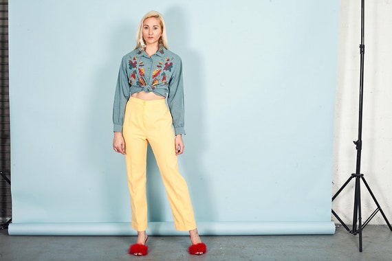 70s Yellow High Rise Pants Vintage Bright Pocket T