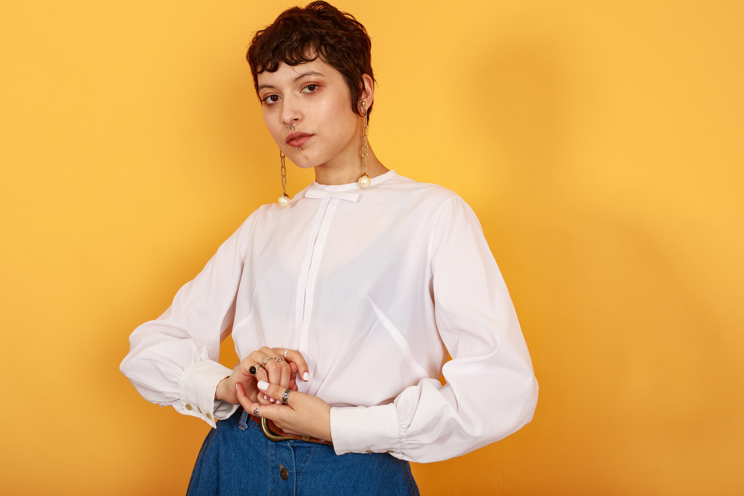 50s White Formal Bow Long Sleeve Top Vintage Rayon Classic