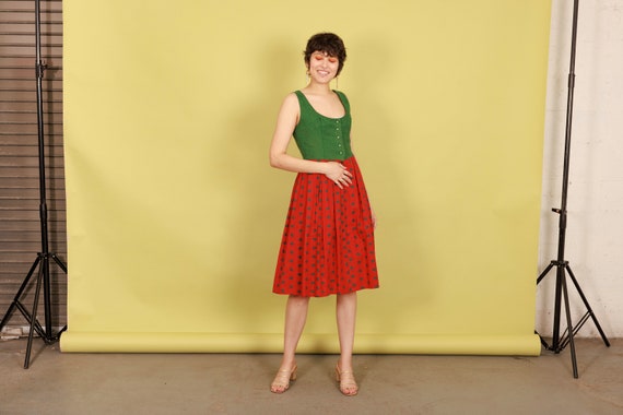 40s Red Green Brocade Folk Tratchen Dress Vintage… - image 3