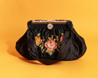 40s Black French Silk Embroidered Colorful Purse Vintage Flower Beaded Handle Evening Bag