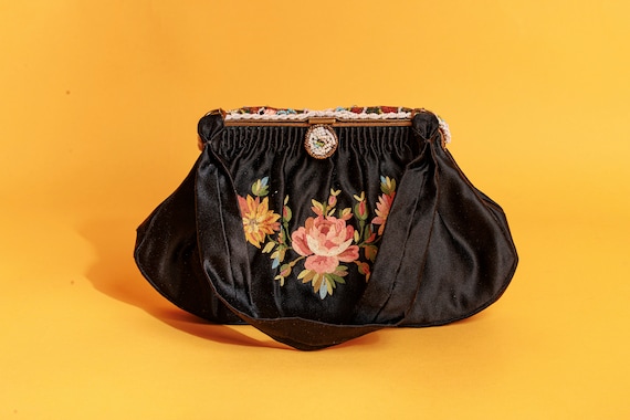 40s Black French Silk Embroidered Colorful Purse … - image 1