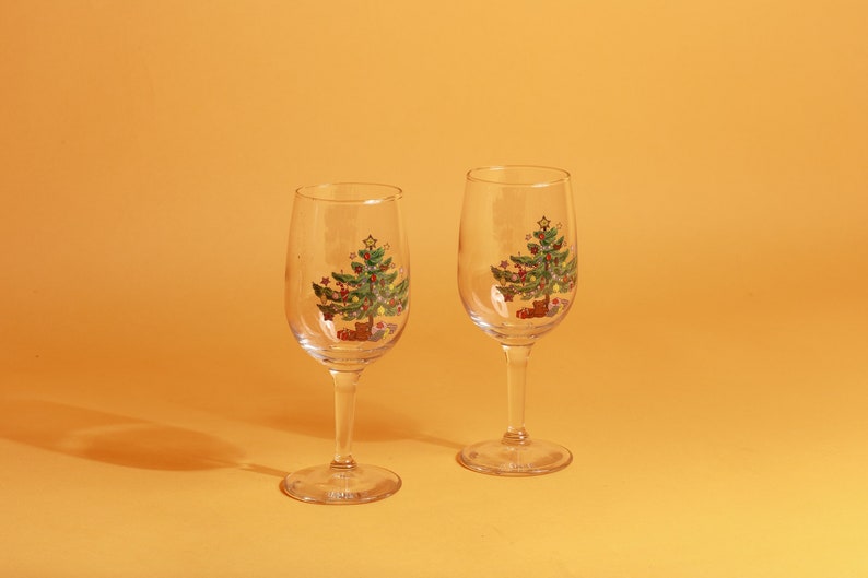 Set of 2 Vintage 80s Clear Glass Christmas Tree Festive Holiday Small Wine Glasses image 1