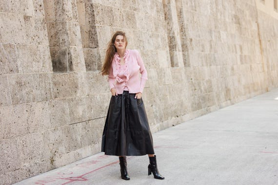 Pink leather belted skirt deals