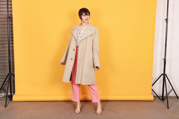 60s Tan Long Lapel Collar Coat Vintage Khaki Textured Lined Coat Etsy UK