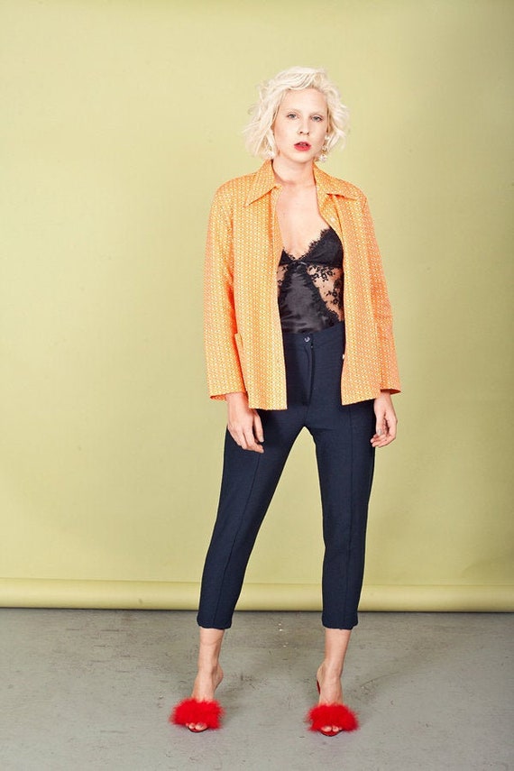 60s Orange Printed Knit Top Vintage Collar Knitted