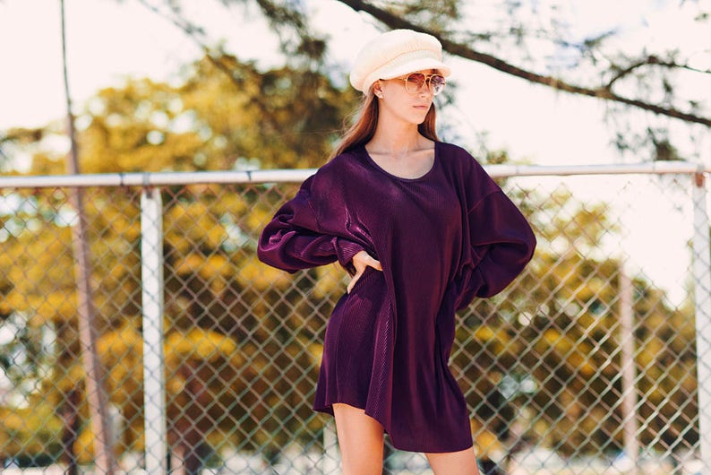 80s Plum Slouchy Long Dress Vintage Purple Long Sleeve Tshirt Dress image 4