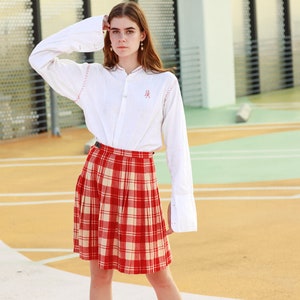 60s Red White Plaid High Waisted Skirt Vintage Kilt Wool Pleated Skirt image 9