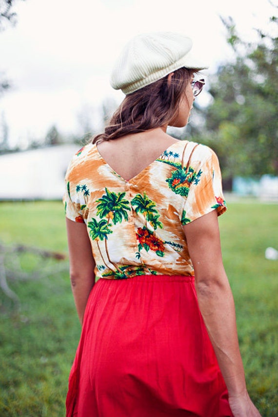 80s Yellow Tropical Crop Top Vintage Palm Tree Be… - image 6