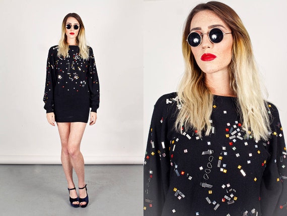 80s Sequin Sweater Dress Vintage Black Colorful Be