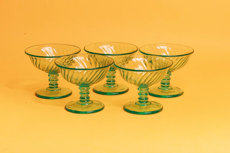 Set of 5 60s Teal Green Clear Glass Cups Vintage Cocktail Glasses Ice Cream Cups image 3