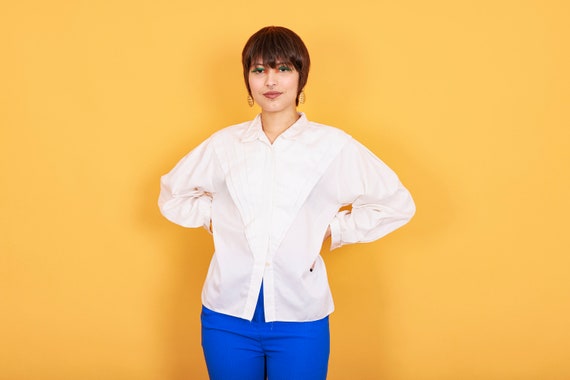 80s White Pleat Formal Blouse Vintage Button Down… - image 7