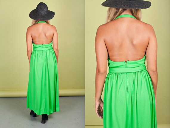 70s Apple Green Dress Vintage Bright Long Halter … - image 3