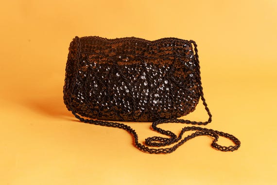 70s Black Sequin Beaded Evening Purse Vintage Twisted Chain  display picture 1