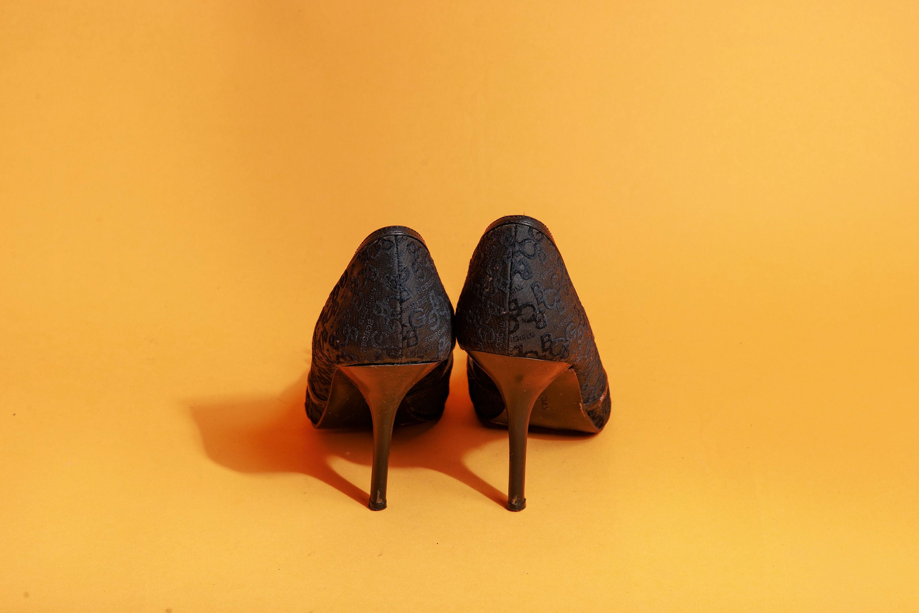 2000s Y2K Black Monogram Heels Vintage Pointy Fabric Bow