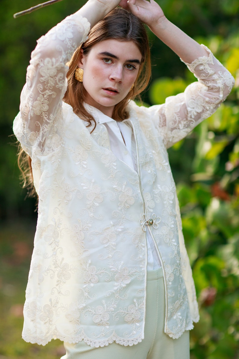 80s Off White Lace Embroidered Jacket Vintage Victorian Sheer Long Sleeve Blazer image 8