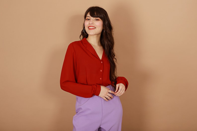 70s Rusty Red Long Sleeve Top Vintage Fitted Collar Blouse