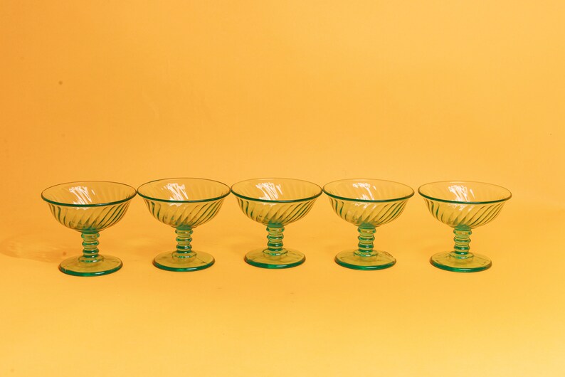 Set of 5 60s Teal Green Clear Glass Cups Vintage Cocktail Glasses Ice Cream Cups image 9