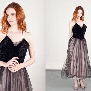 50s Black Prom Dress Tulle Vintage Gothic Velvet Party Gown Dress image 3