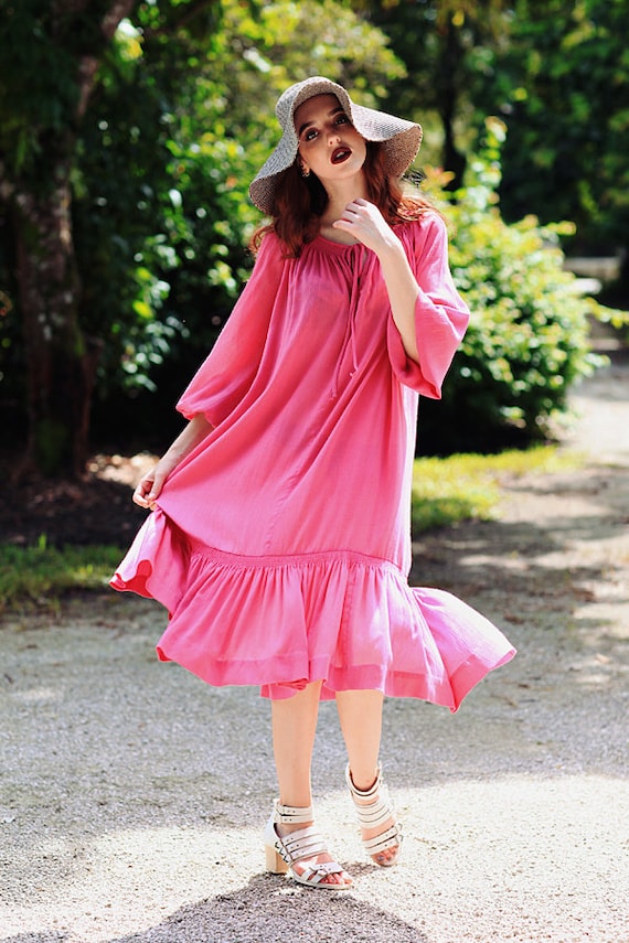 70s Fuschia Tent Dress Vintage Bohemian Smocked S… - image 1