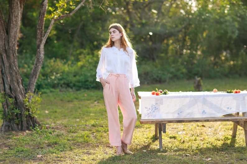 80s Pink Soft Rose Silk Trousers Vintage Pastel Shimmery Classic Pants image 1
