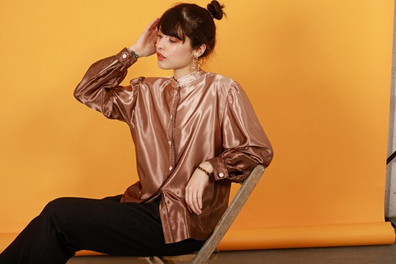 80s Light Bronze High Collar Blouse Vintage Sheen… - image 7