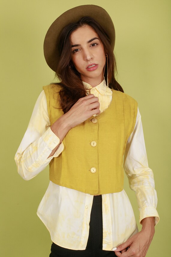 70s Mustard Yellow Linen Vest Vintage Cropped Sle… - image 2