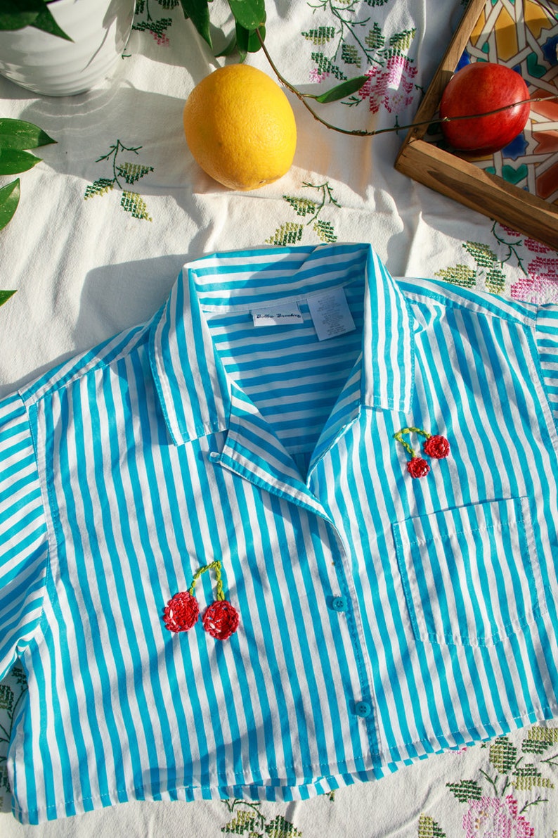 80s Blue Striped Cherry Hand Embroidered Crop Top Vintage Reworked Blouse image 7