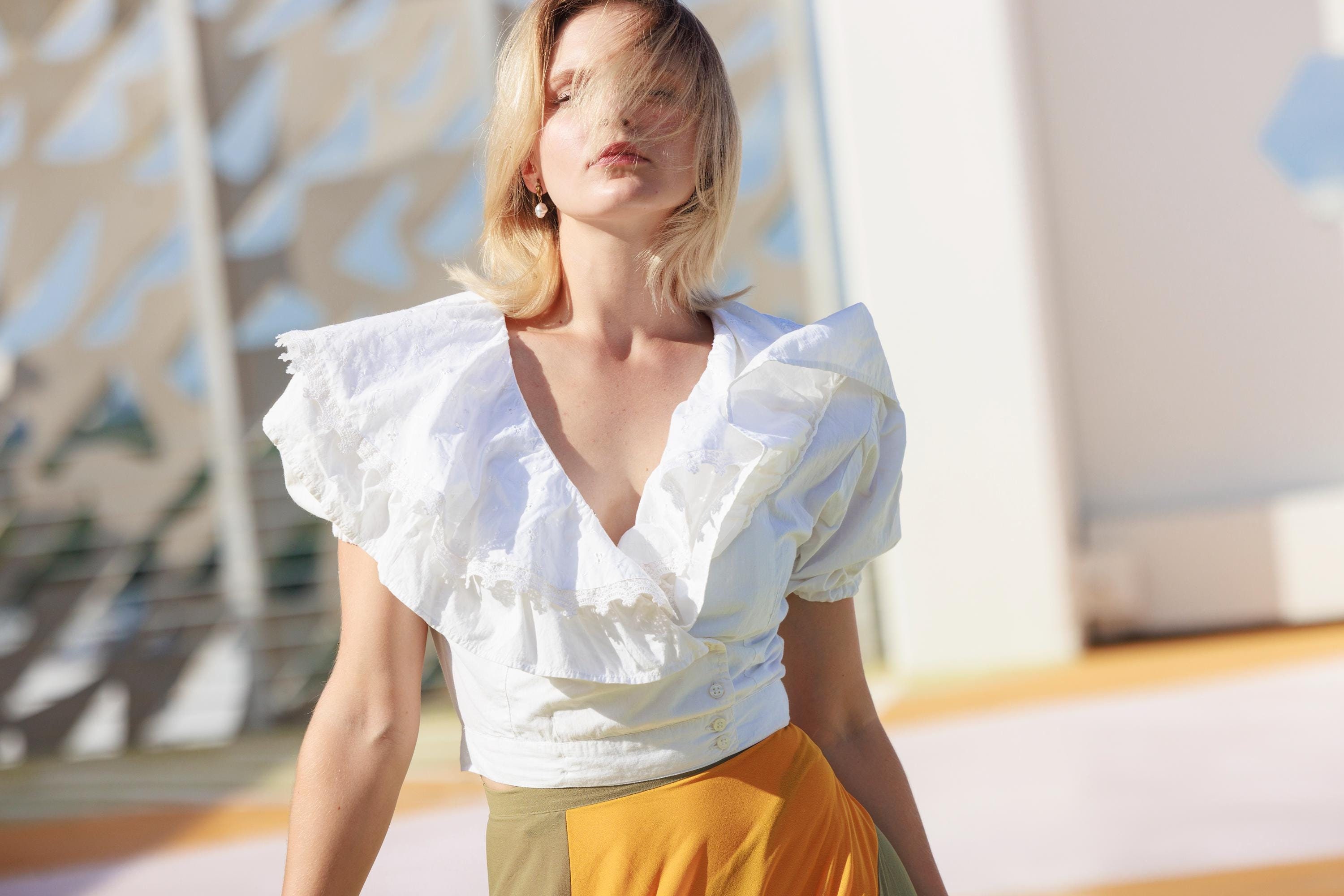 Vintage 80s White Cotton Blouse: Eyelet Ruffle Collar, Cropped Top Vintage 80s White Cotton Blouse: Eyelet Ruffle Collar, Cropped Top